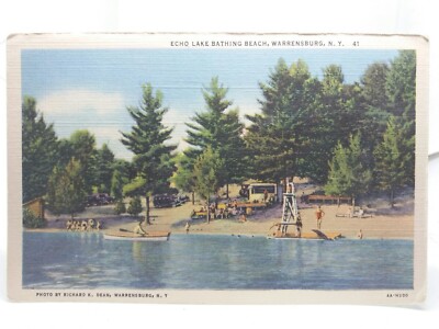 Menschen genießen Echo See Baden Strand Warrensburg N Y USA Vintage Postkarte 1940er