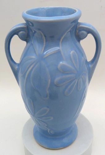Vintage Shawnee Pottery Blue Floral Embossed Urn Vase USA