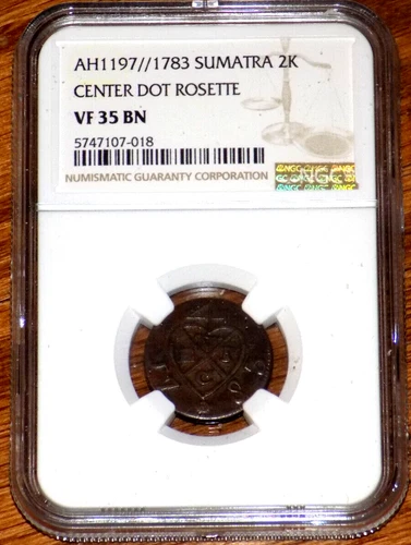 1783 2 Kepings Sumatra Copper NGC VF35BN KM-255 AH1197 Netherlands Colonial Coin