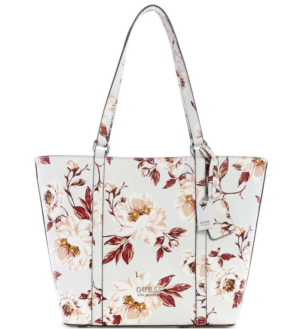 NEW GUESS Women's Light Gray Red Floral Print Large Tote Bag Handbag Purse