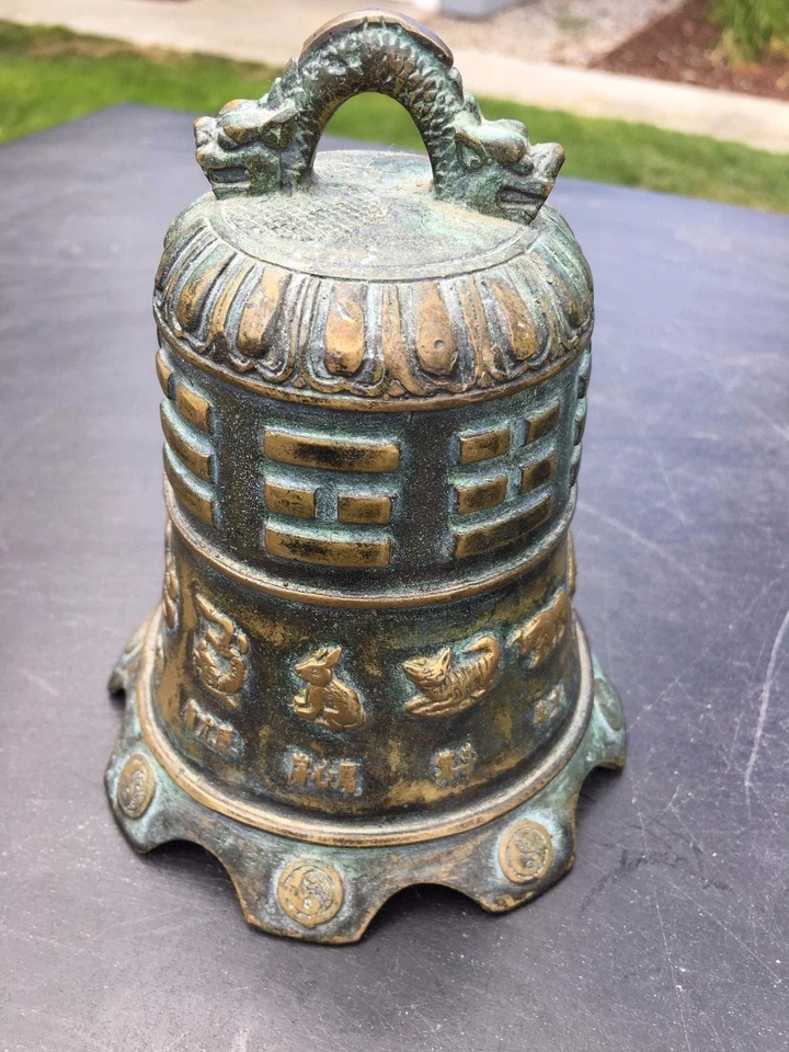 Китайский антикварный бронзовый колокол с драконом, багуа и двенадцатью зодиаками - Изображение 3 из 4