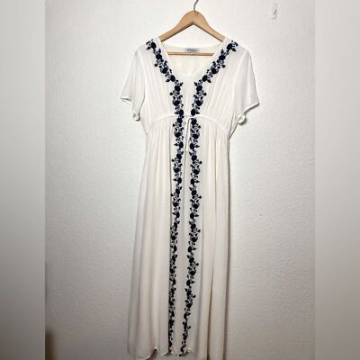 Polagram maxi dress Medium white navy blue floral embroidery cap sleeve  rayon | eBay