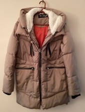Steve Madden Women's L Puffer Parka Coat - Beige with Orange Lining - Great Cond