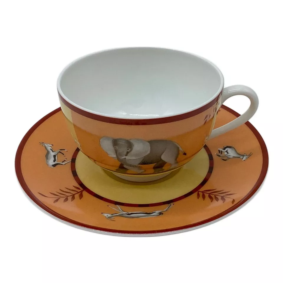 爱马仕非洲茶杯碟大象橙色餐具动物咖啡早晨 — 第 2/4 张图片