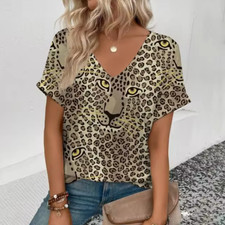 Women's Short Sleeve Leopard Print T-shirt, Round Neck, Medium, Large, XLarge