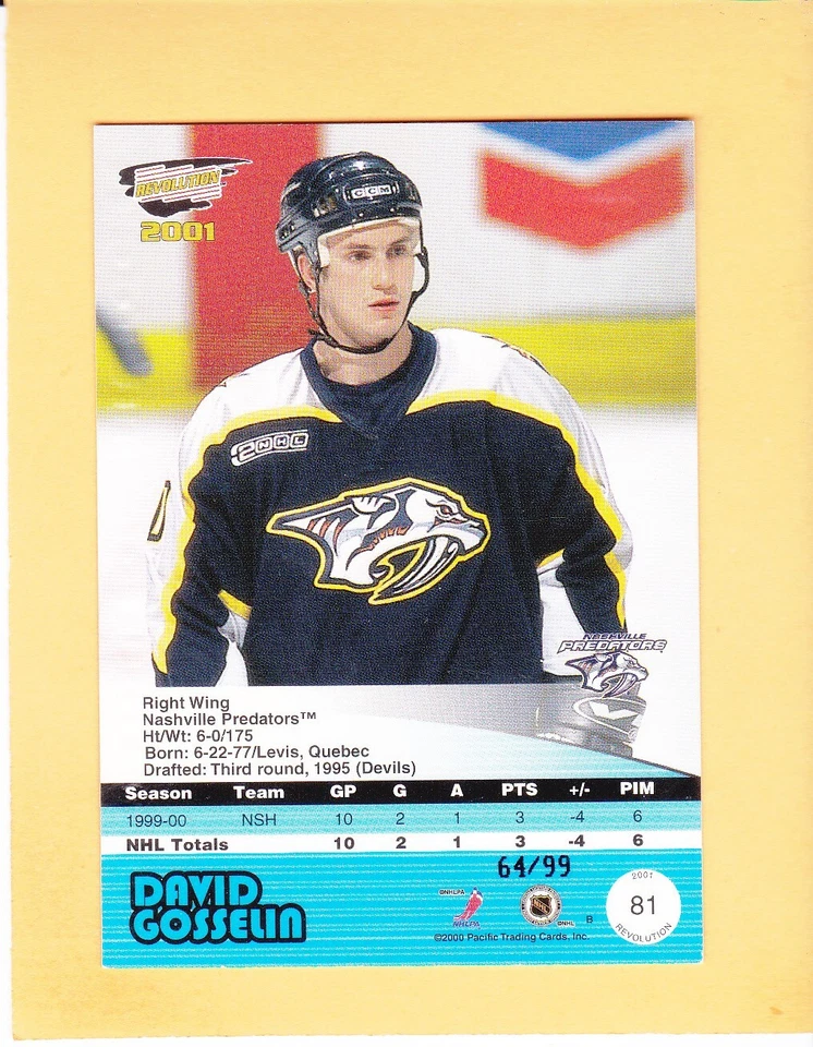 DAVID GOSSELIN 2000-01 PACIFIC REVOLUTION ROOKIE RED /99 PREDATORS #81 NM-MT  A1 - Image 2 of 2