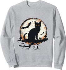 Halloween Cat Pumpkin Bat Moon Cemetery Scary Unisex Crewneck Sweatshirt