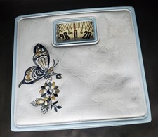 Vintage Counselor Bathroom Scale Embroidered Stitched Butterfly Floral BLUE