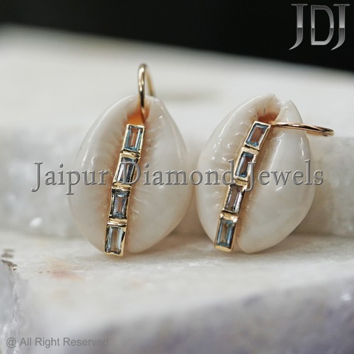 Baguette Corte Topacio Azul Cauri Colgante Charm Fino 14k Oro Amarillo Concha - Imagen 3 de 5
