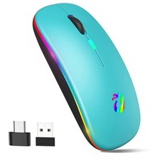 LED Wireless Mouse, Lake Blue, Rechargeable, Silent, 2.4G, USB, Type-C Adapter
