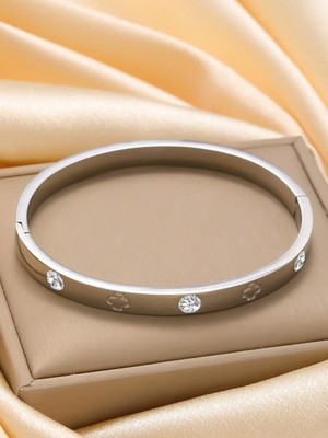 Silver Two-Piece Open Bangle Bracelet With Four Leaf Clover And Zirconia