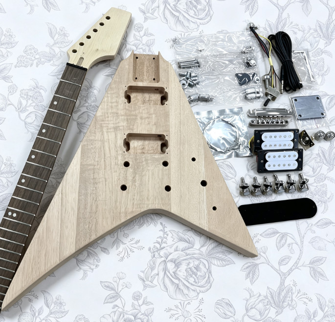 Guitarra Eléctrica en Forma de V Kit Hágalo Usted Mismo Cuerpo de Caoba Sin Acabar Diapasón de Palisandro
