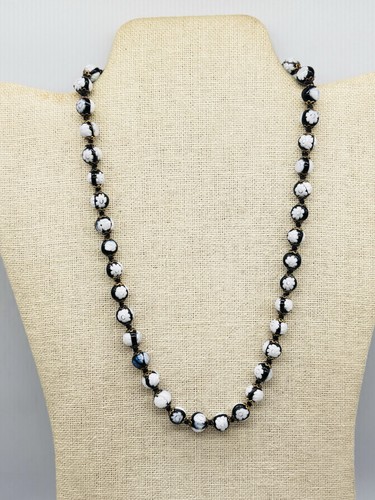 Vtg Italian Venetian Murano Millefiori Black & White Glass Round Beads Necklace