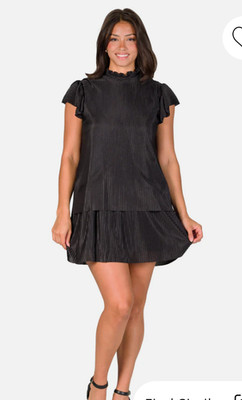 24seven Comfort Apparel Ruffle Cap Sleeve Pleated Tiered Mini Dress Black XL NWT