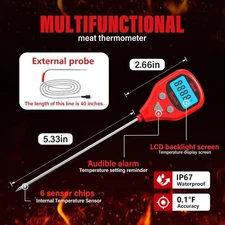 Rechargeable Digital Meat Thermometer with 3.3ft External Probe, Warning Alert,