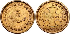 COIN Colombia 5 Centavos 1901 Die Shift Error KM# L2 Brass Lazareto UNC