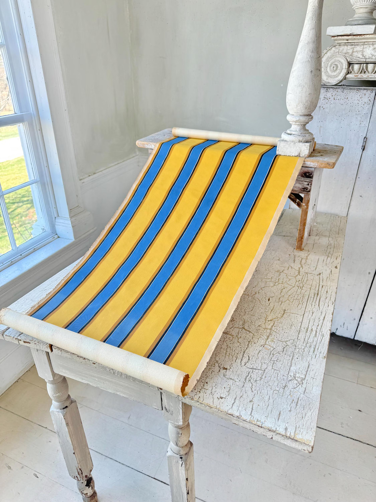 3.1yds Antique wallpaper roll stripe blue yellow Art Nouveau French wallcoverin