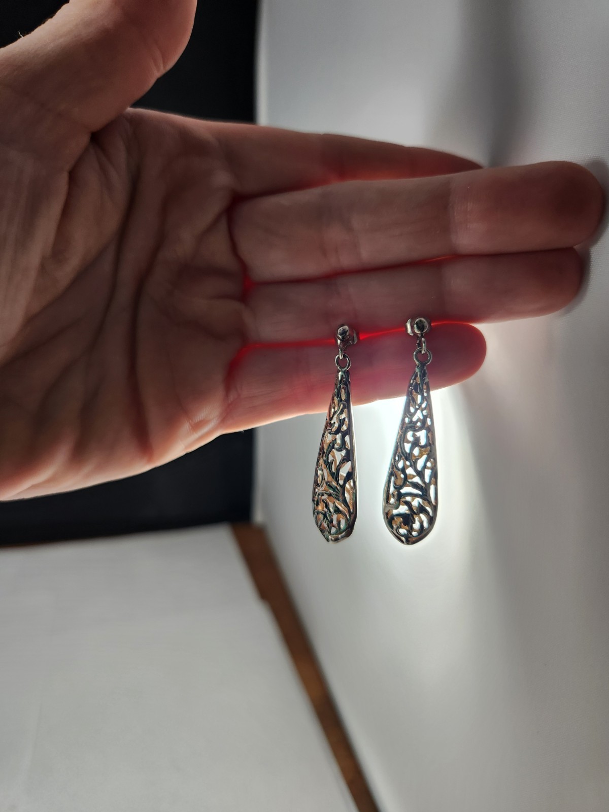 Sterling Silver Post Dangle Earrings Cut out Holl… - image 8