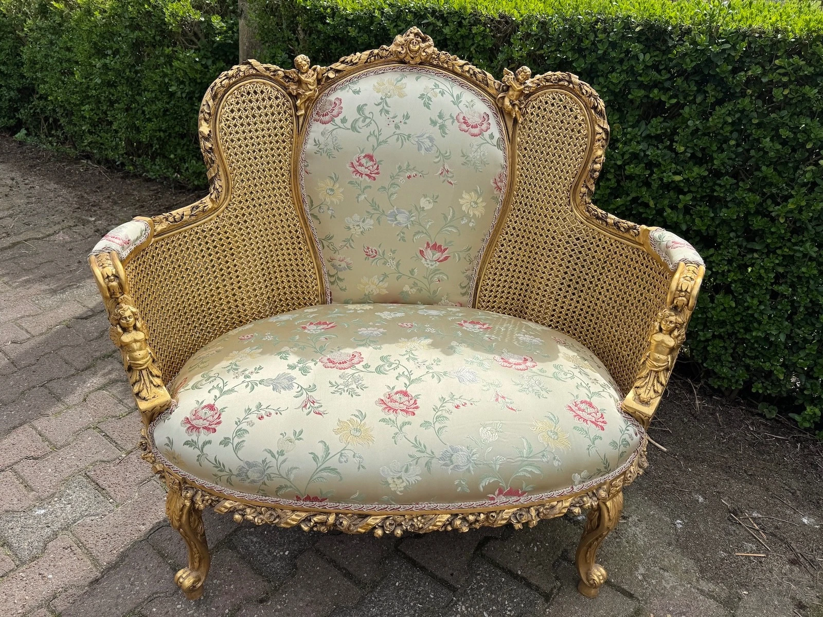 Settee Loveseat 1960 French Louis XVI Gold Cane Damask Sofa Antique