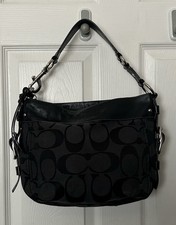 COACH Zoe Signature Logo Black Leather Trim Shoulder Bag Silver Hardware 12657