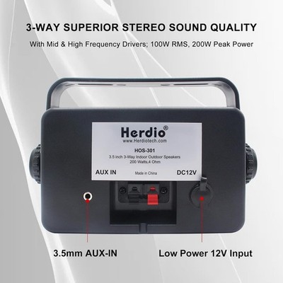 2 HERDIO HOS-301BTB - 3.5 inch Outdoor Bluetooth Speakers 200W - 3 Way Black New