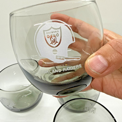 VTG Oakland Raiders NFL Smoked Glass Stemless Wine Tumbler 10 oz Roly Poly Set 4