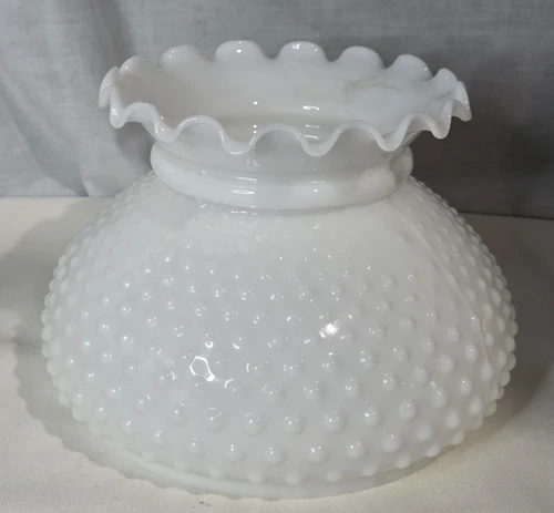 Vintage White Milk Glass Hobnail Ruffled Top Hurricane Oil Lamp Shade 7'' Fitter