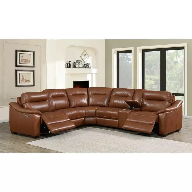 Bowery Hill Mid Century Brown Leather Power Reclining Sectional eBay