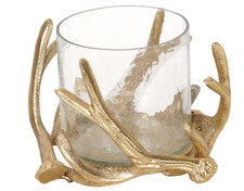 Windlicht Geweih mit Glaseinsatz Kerzenhalter Glaswindlicht Metall Gold edel