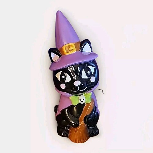 Black Cat w/ Purple Witch Hat Holding Broomstick Halloween Figurine | HTF Decor - 第 1/9 張圖片