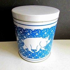 Vintage metal tin with Trotting Pigs & Blue Flowers on white 5.5x6.5" FREE SH