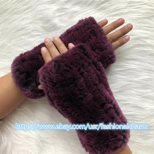 Womens Winter Real Rabbit Fur Gloves Knitted Stretch Fingerless Mitten Gloves - Picture 38 of 102