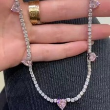 40Ct Heart Pink Sapphire  Diamond 14k White Gold Plated Wedding Tennis Necklace