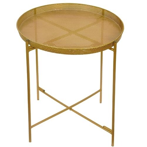 Mesa auxiliar de metal dorado con bandeja perforada dorada | Mesita de noche