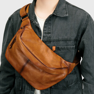 New Men Cowhide Shoulder Messenger Bag Crossbody Chest Pack Motorcycle Waist Bag