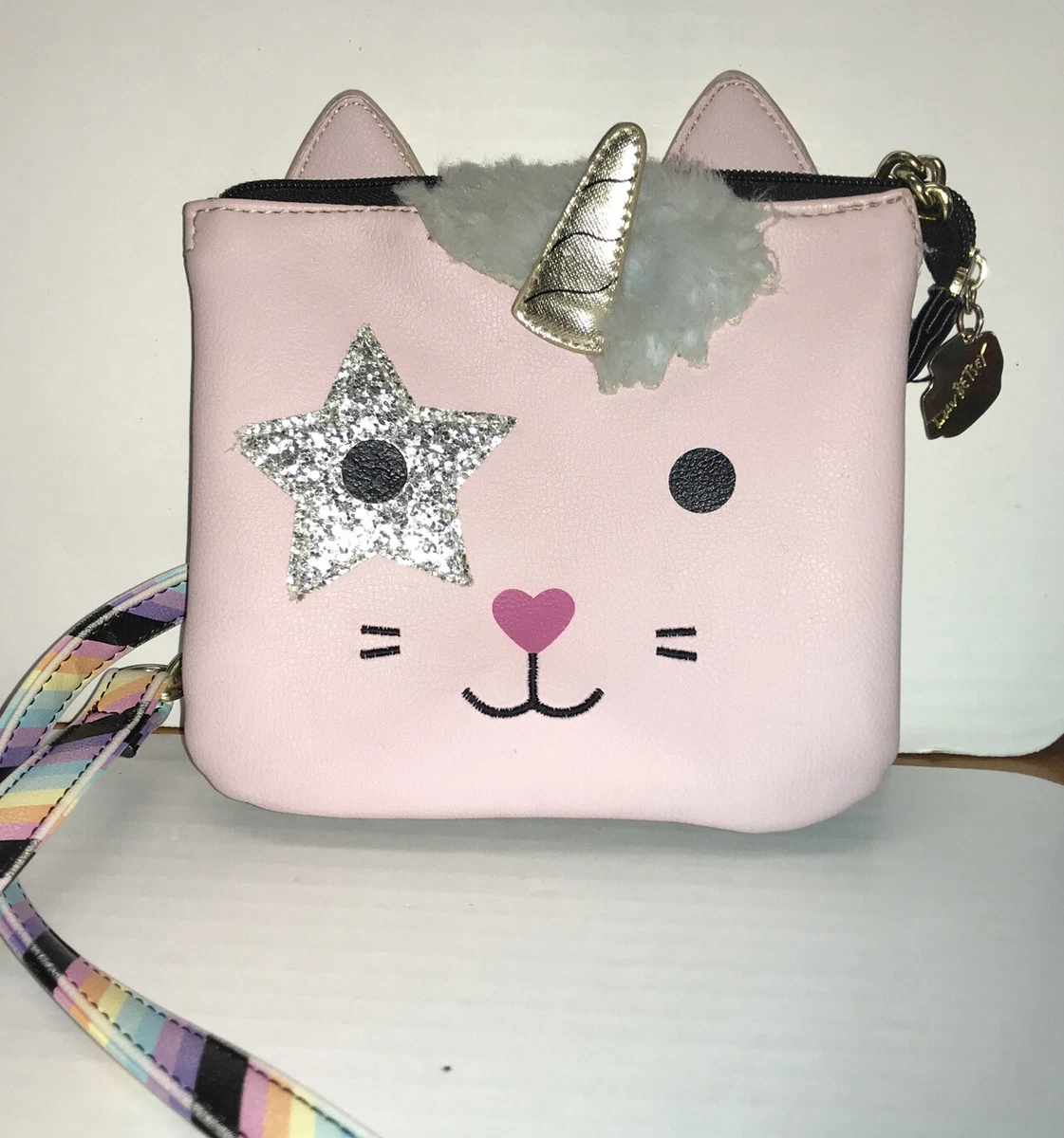 Betsey Johnson PINK Kitten Unicorn Purse Handbag With Rainbow Crossbody Strap
