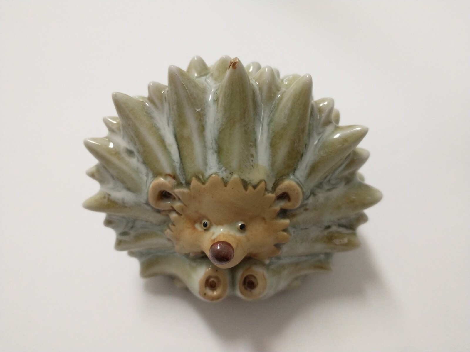Ceramic Hedgehog Figurine 3" Green & Tan Adorable Spiky Porcupine