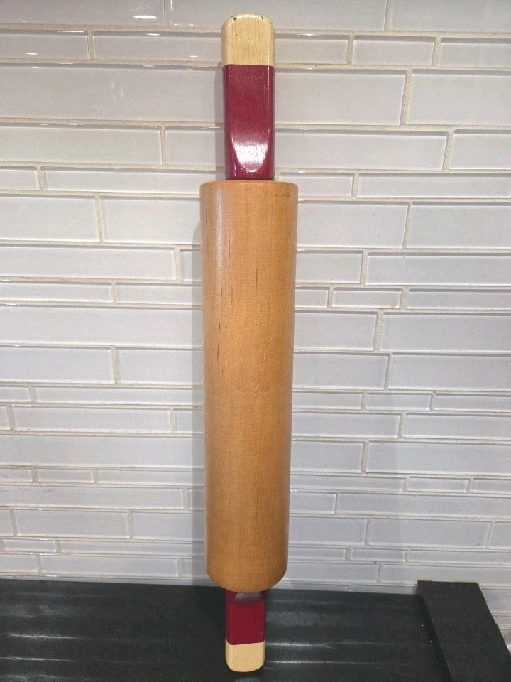 Vintage Wood Rolling Pin Red & White Flat Handle Farmhouse Retro Kitchen Baking