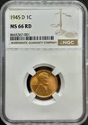 1945-D Lincoln Head Wheat Cent NGC MS 66 RD Red Denver Mint GEM BU Nice!