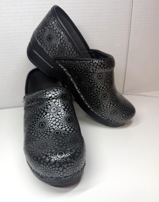 Dansko Women s Leather Black Matelic Silver Clogs Size: EU-38W