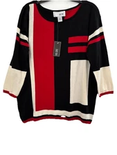 Joan Vaas Colorblock Intarsia Sweater Black Red White Size 3 Fits XL NWT $119