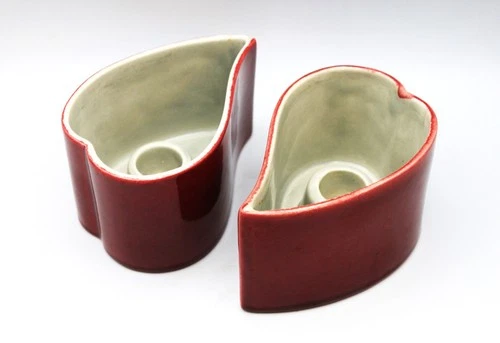 VTG Red Wing Pottery #B1412A Belle Kogan Gray & Red Heart Shaped Candle Holders