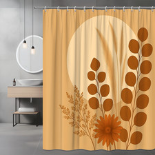 Boho Floral Shower Curtain with Orange Leaves and Sun Design