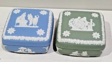 Wedgwood England Jasper Ware PAIR Covered Boxes Classical Scenes Blue & Sage