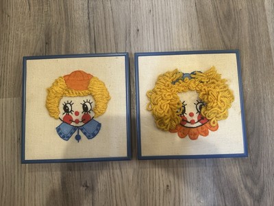 Clown Pair Vintage Metal Frame Yarn Embroidery Art 8  Square MCM 70s Style
