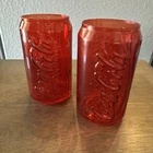 Vintage Coca-Cola Red Glass Tumblers Pair Can Shape Embossed Script Logo 12oz