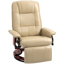 Cream Leather Manual Recliner with Swivel Wood Base