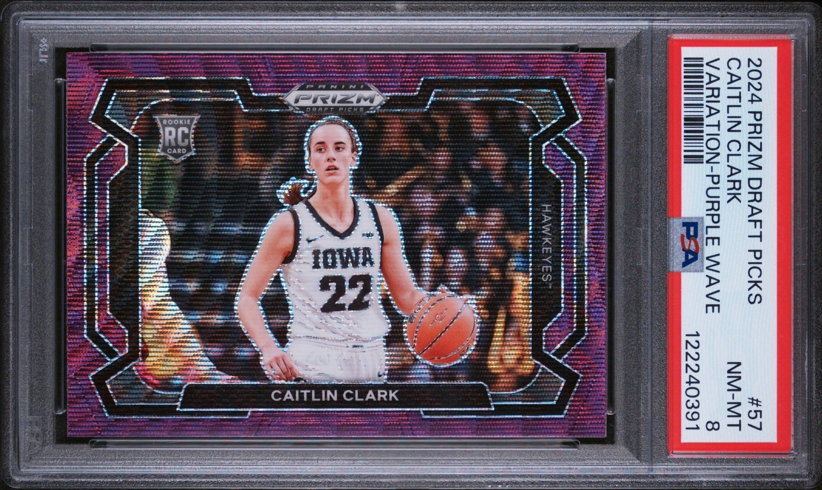 2024 Panini Prizm Draft Picks Basketball Caitlin Clark #57 RC Purple Wave PSA 8