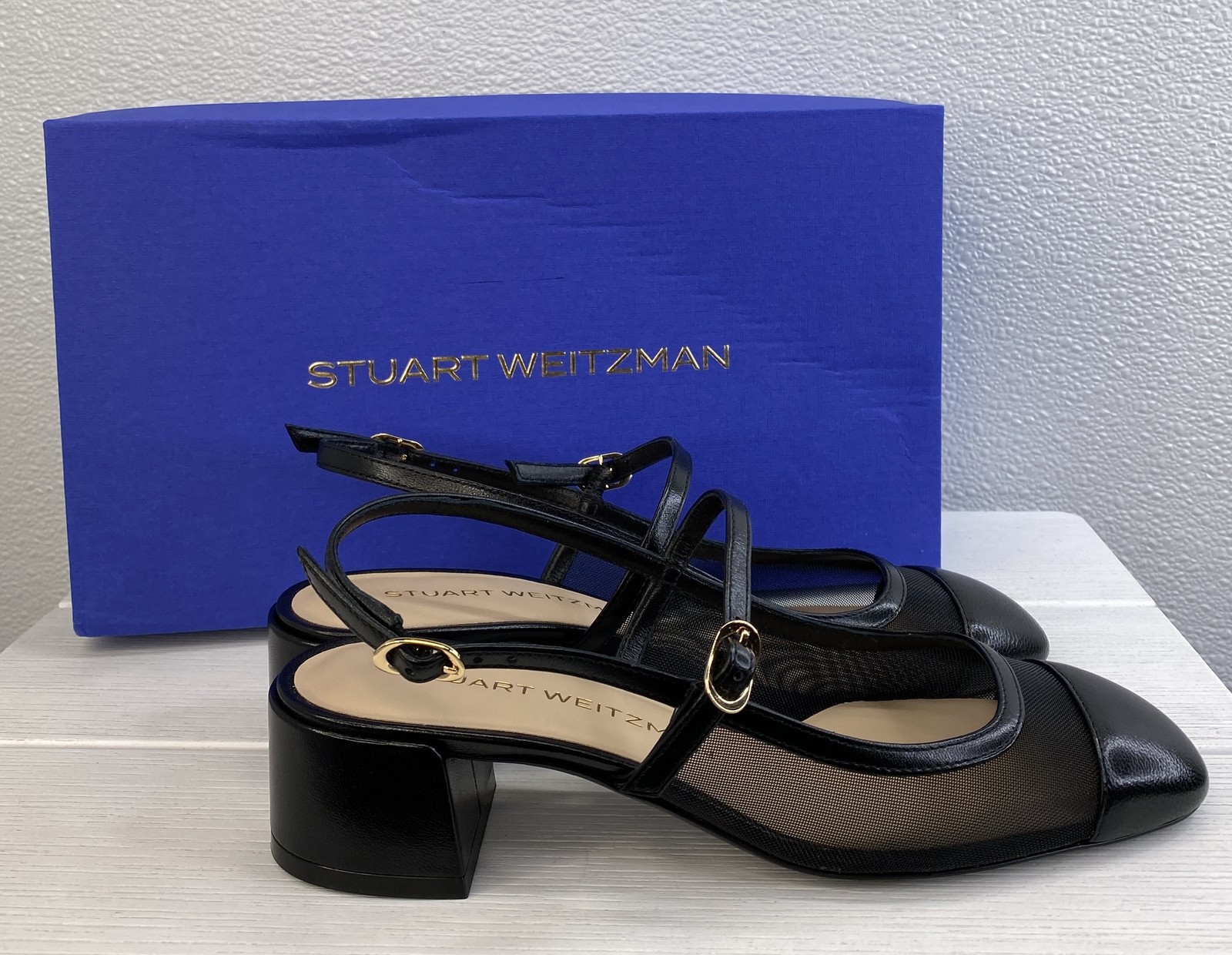 Stuart Weitzman Maeve 35MM Mary Jane Shoes Women's Size 6.5 Black Mesh Slingback