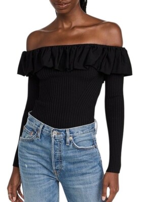 Jonathan Simkhai Isabelle Off-the-shoulder Ruffled Ribbed-knit Top, XL, NWT